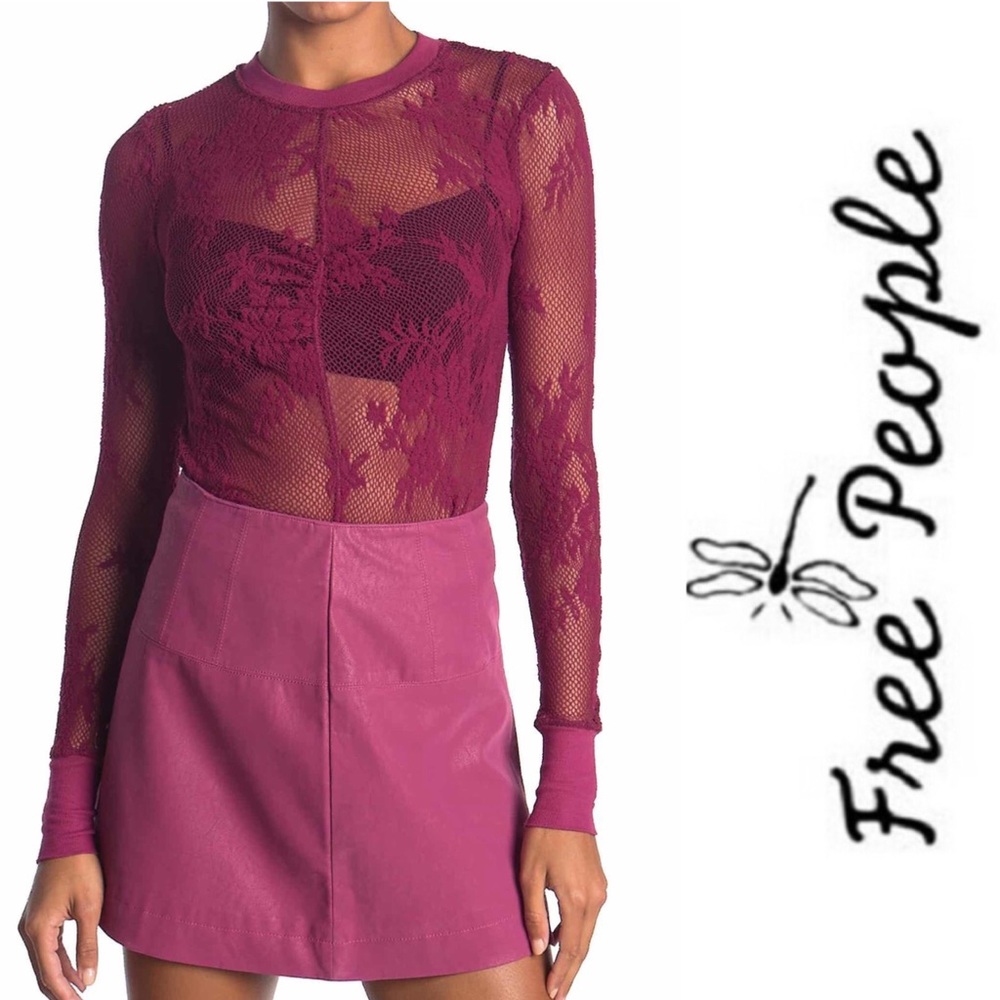 NEW FREE PEOPLE Fuschia Pink Floral Lace Mesh Long Sleeve Layering Top Sz Small